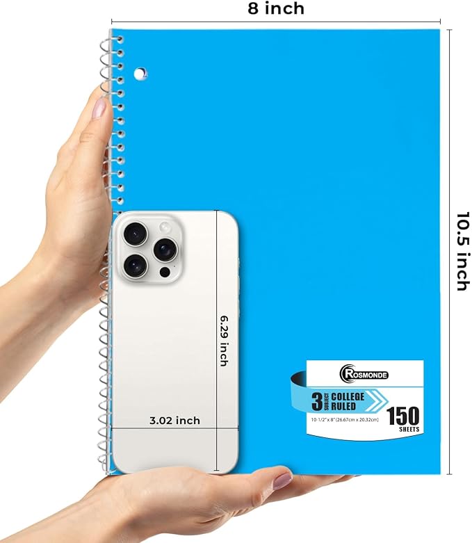 3 Subject Spiral Notebook Bulk, 36 Pack, College Ruled, 150 Sheets | Thick Paper, 300 Pages, 8 x 10-1/2", Bulk Spiral Journal for School, 3 Hole Punched, Bulk Subject Notebooks, Assorted Colors