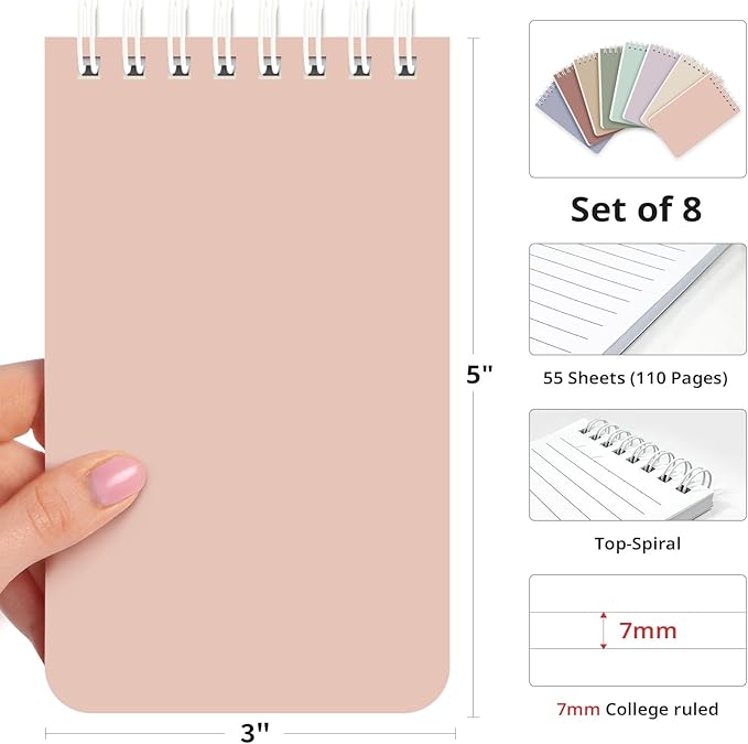 Taja Pocket Small Notebook 3" x 5", Set of 8 Mini Little Spiral Notebook, Nursing Notepad, Perfect for Work, School, Office, Nurse, Travel - Earthy Neutrals