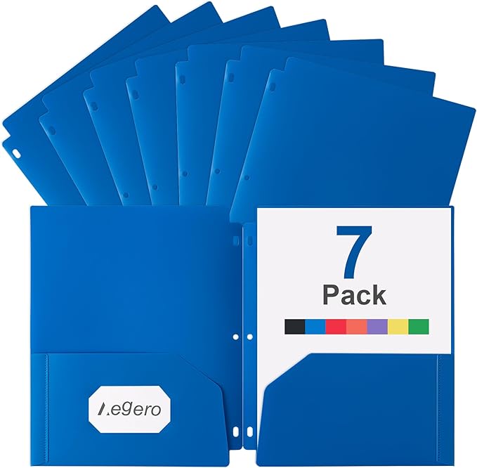 Plastic 3 Hole Punch Folders with Pockets (7 Pack, Blue), Fits 3-Ring Binder, Divider Folder for Notebook, Durable Poly，Holds US Standard 8.5x11 Letter Size Paper