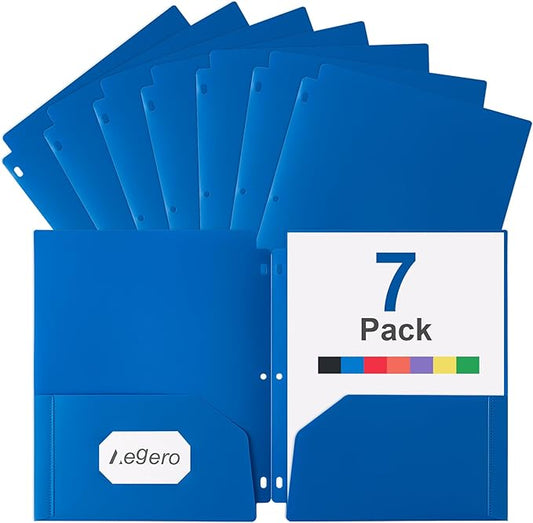 Plastic 3 Hole Punch Folders with Pockets (7 Pack, Blue), Fits 3-Ring Binder, Divider Folder for Notebook, Durable Poly，Holds US Standard 8.5x11 Letter Size Paper