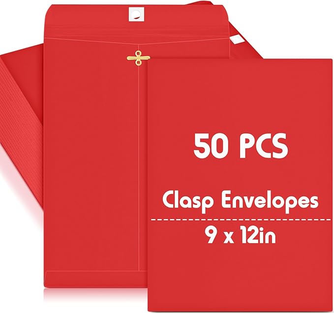 Geyee 50 Pcs 9 x 12 Inch Clasp Envelopes Letter Size Mailing Envelopes with Clasp Closure for Filing Storing Documents Office Home Business School (Red)