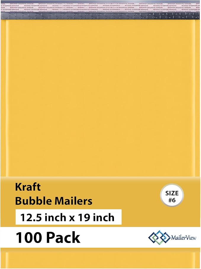 Kraft Bubble Mailers 12.5x19.5, Self Seal Padded Envelopes #6, 100 Pack | Holds Clothing & Bulk Items, No Tape Needed, Cushioned Protection, Tear-Resistant Yellow Kraft, Made in USA