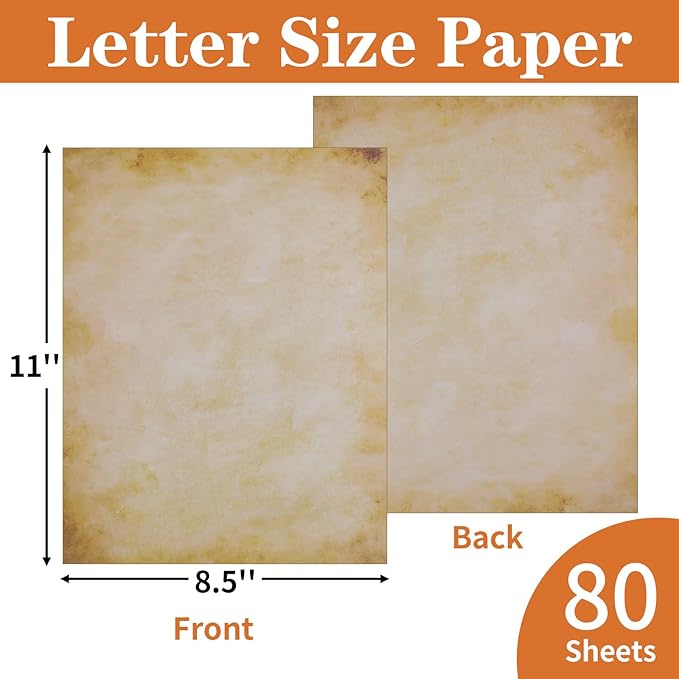 80 Sheets Vintage Paper, 8.5" x 11" Letter Size Printer Paper, Antique Stationery for Writing, Double-sided Aged Parchment Paper for Printing, Decorative Old Look for Invites Resume