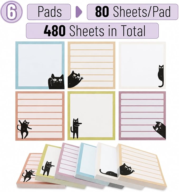 Mr. Pen- Black Cat Sticky Notes Set, 3" x 3", 6 Pads, 480 Sheets | Black Cat Sticky Notes, Memo Pads, Self-Stick Note Pad for Office, School, Home, Study & Organization