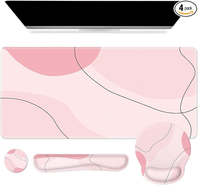 iCasso Pink Art 4in1 Desk Mat, 35.4"x15.7" Keyboard Pad for Travel | Dreamy Ergonomic Desk Pad Including Keyboard Wrist Rest, Mousepad Set for Women Workspace Table Computer Setup