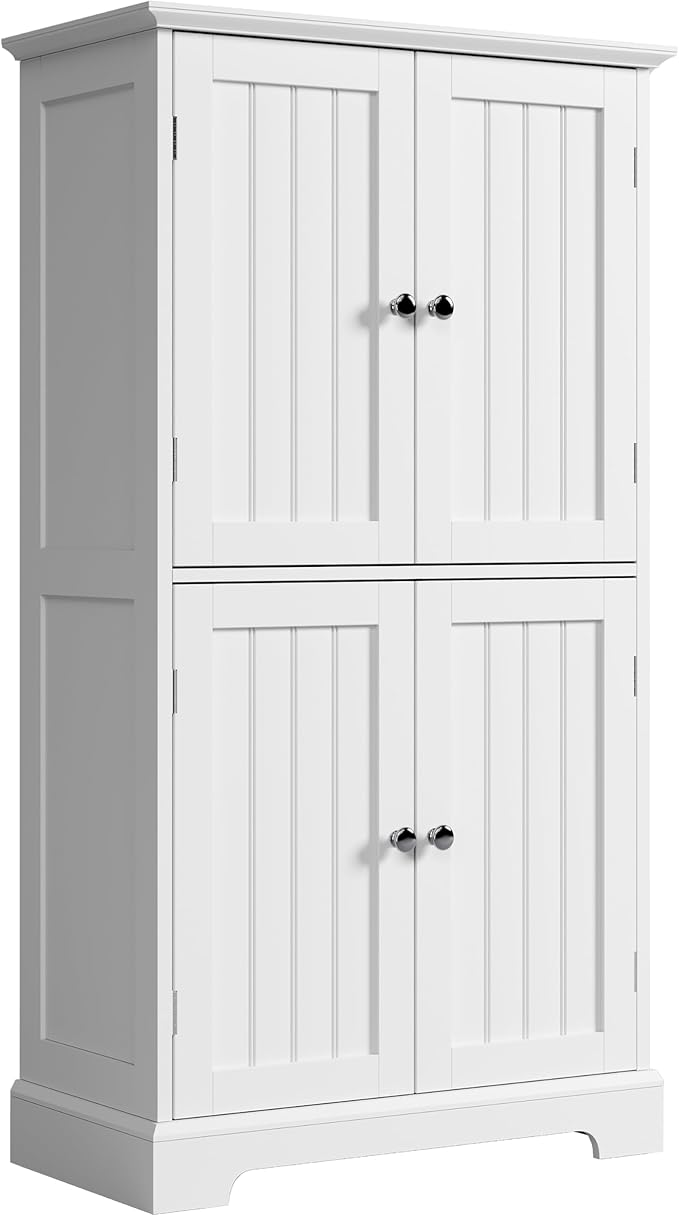 ChooChoo Bathroom Floor Cabinet with Adjustable Shelves | Bathroom Storage Cabinet, 4 Doors, Freestanding Cupboard for Living Room, Kitchen Pantry, White