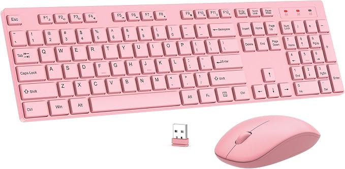 Wireless Keyboard and Mouse Combo, EDJO Silent Full Size Cordless USB Keyboard Mouse, 2.4GHz Lag-Free, Long Battery Life, for Computer, Laptop, PC, Chromebook, Windows (Pink, 1 Pack)