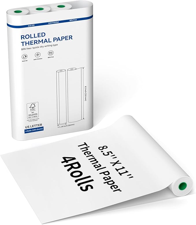 Thermal Printer Paper 8.5''x11'' US Letter Size, 4 rolls, 100 sheets, Thermal Paper Quick-Dry, Advanced Clear Printing, Compatible with Gloryang & JADENS PD-A4 Thermal Printer