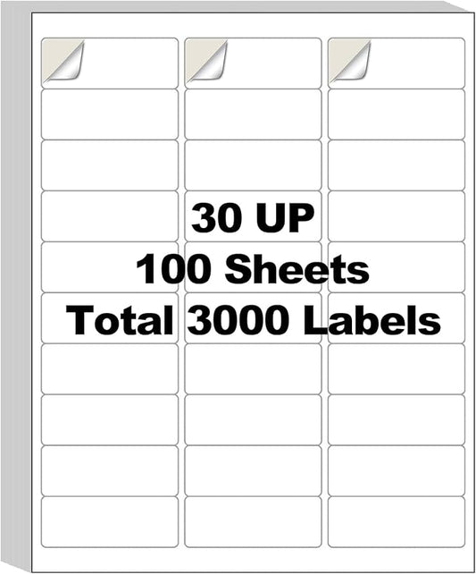 100 Sheets 3000 Labels 30-up 1" x 2-5/8" Shipping Address Labels for Laser and Inkjet Printers, AveneMark 30 UP Labels Return Mailing Labels, 30 per Page