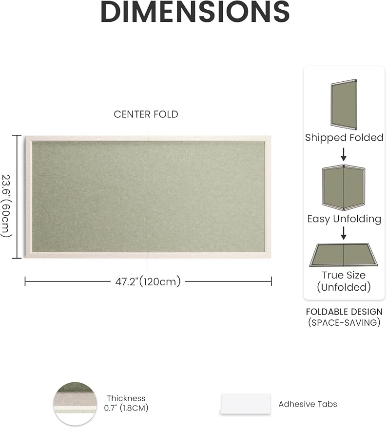Fluxynara 47.2" x 23.6" Felt Frame Bulletin Board, Sage | Cork Board Alternative with 36 Removable Adhesive Tabs, Foldable Pin Board for Wall, Home, Office, Classroom & Dorm