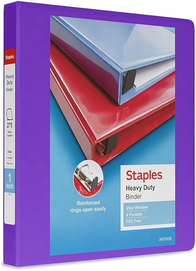 Staples Heavy-Duty 1-Inch D-Ring View Binder, Reinforced Spine, Holds Up to 275 Sheets, Purple, for Office & School