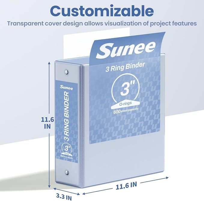 SUNEE 3 Ring Binder 3 Inch 1 Pack, Clear View Binder Three Ring PVC-Free (Fit 8.5x11 Inches) for School or Office Supplies, Haze Blue