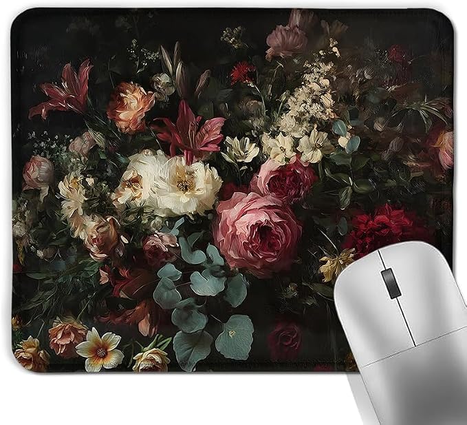 Vintage Gothic Floral Square Mouse Pad, Dark Academia Romantic Pink Rose Flower Mousepad Mat for Home Office Computer Gaming Desk Accessories 9.5x7.9 in