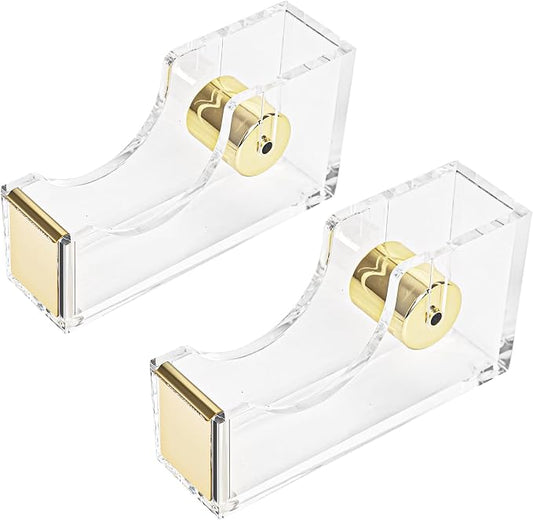 2Pack Office Acrylic Tape Dispenser Modern Desk Organizer Tape Cutter Gold | Transparent Tape Dispenser Kit with Non-slip Rubber Bace 1 Inch Core Morden Accessory Shipping Station Gift Wrapping Tool