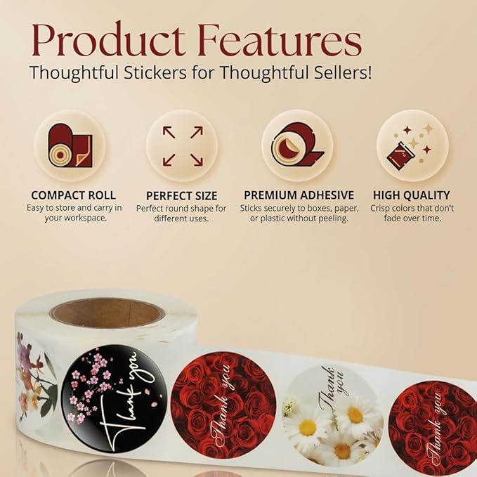 500 Thank You Stickers 1.5" Round Labels (8 Unique Designs) for Small Business, Packaging, Envelopes, Gift Bags, Bakery Orders Self-Adhesive Waterproof Sticker Roll