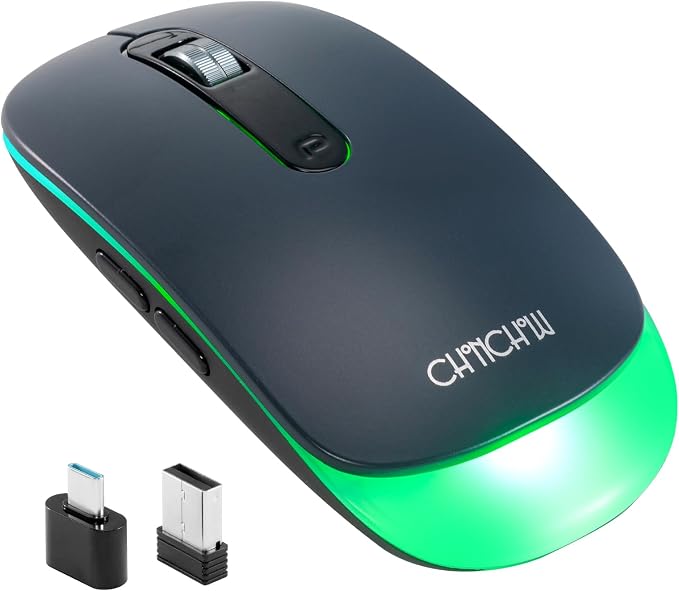 Wireless LED Mouse Rechargeable 2.4GHz/Bluetooth Multi Connect Method Silent Slim with Big Exchangeable Battery 1600DPi USB compatible with Mac Windows for PC laptop office with C-adapter cord manual