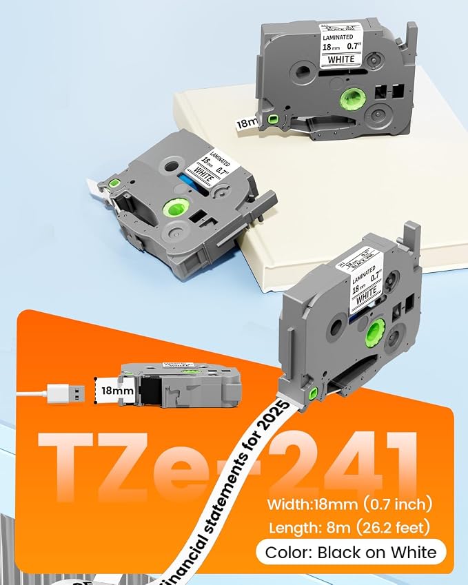 TZe-241 TZe241 18mm Label Maker Tape Replacement for Brother Label Tape | P Touch TZe TZ 18mm 0.7 Inch Laminated White, Compatible with Brother PT-D400 PT-D410 PT-D460BT PT-D600 PT-D610BT, 5-Pack