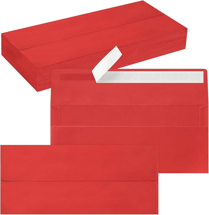 50 Pack #10 Red Envelopes Letter Size Self Seal Business Envelopes | Security Mailing Envelopes, 4 1/8 x 9 1/2 Inches