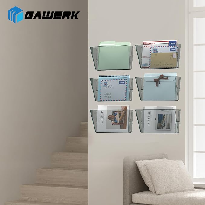 Gawerk Clear Acrylic Single Pocket, Plastic Hanging Wall Mount File Holder for Office Home (Gray, 4 Pack)