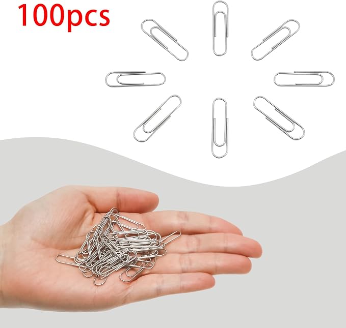 100 Pcs Silver Paper Clips, 1.1 Inch (28mm) Colorful Paperclips | Colored Paper Clips, Rust Proof, for Office, School, DIY, Bookmarks and Document Organization