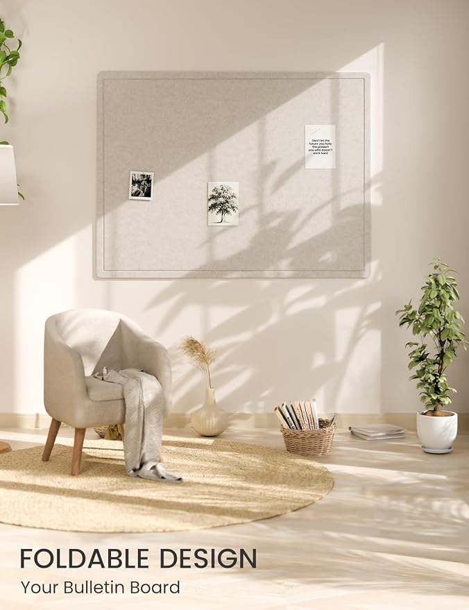 Fluxynara 47.2" x 35.4" Large Bulletin Board, Oatmeal | Cork Board Alternative with 24 Removable Adhesive Tabs, Foldable Felt Pin Board for Home, Office, Classroom & Dorm