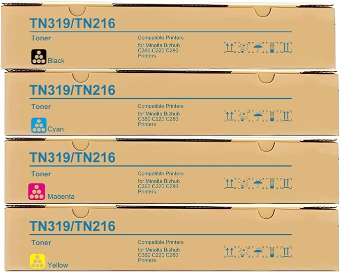 TN-216 TN-319 TN216 TN319 Toner Cartridge 4 Pack Compatible for Konica Minolta Bizhub C220 C280 C360 Printer
