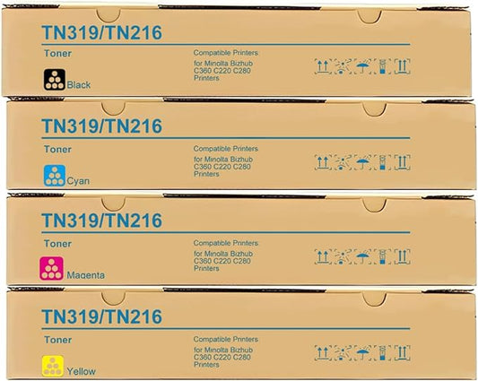 TN-216 TN-319 TN216 TN319 Toner Cartridge 4 Pack Compatible for Konica Minolta Bizhub C220 C280 C360 Printer
