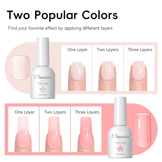 PEACECOLOR Square Gel Nail Kit, 240pc Short Medium False Nail Tips for Extension 2 Colors Jelly Gel Polish with U V Light Nail Glue Nails Art Stickers Rhinestones Easy DIY for Women Home Salon DIY