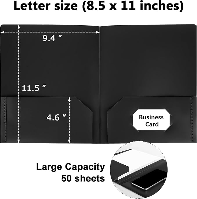 HABGP 12 Pack Black File Folders with Pockets, Plastic 2 Pocket Folders | Business Card Slot, Letter Size, Folders for Documents, Office Filing Cabinet Folders, School Supplies, for College Students