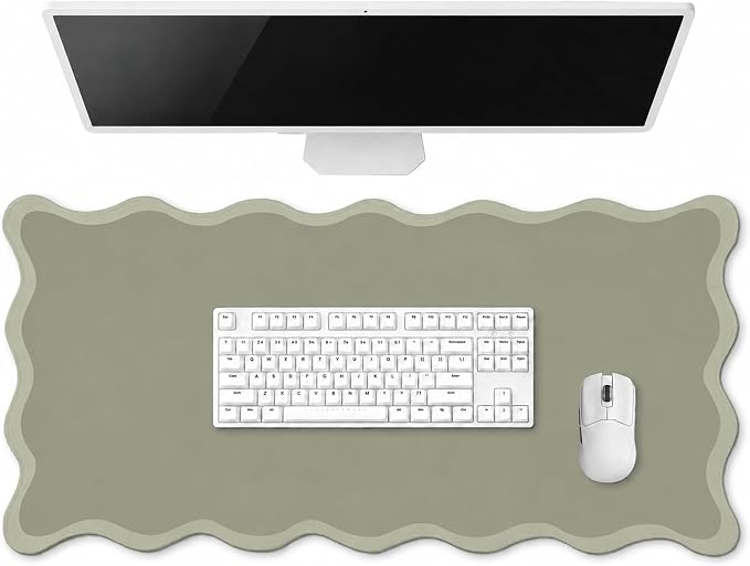 Hahafelt Scalloped Desk Mat Waterproof,Sage Green,31.5 X 15.8 Inches | Coquette Preppy Style for School Office Makeup Vanity, Nonslip Gaming Desktop Protector with Scalloped Stitched Edge Mat