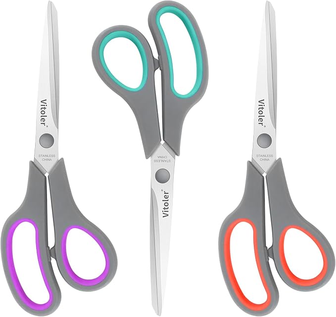 Vitoler Scissors 8.5" Heavy Duty scissors all purpose Bulk Set of 3 | ,Scissors for Office Home School Craft Supplies, Soft Comfort-Grip Right/Left Hand