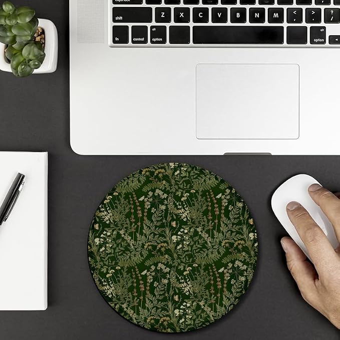 Dark Green Plant Round Mouse Pad, Vintage Rustic Botanical Fern Leaves Cottagecore Mousepad Mat for Home Office Computer Laptop Desk Accessories 7.9x7.9 in
