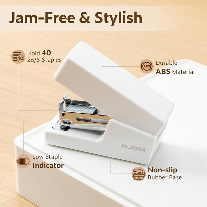 NUSIGN Mini Stapler with 830 Staples, 25 Sheet Capacity, White | Small Cute Desk Staplers