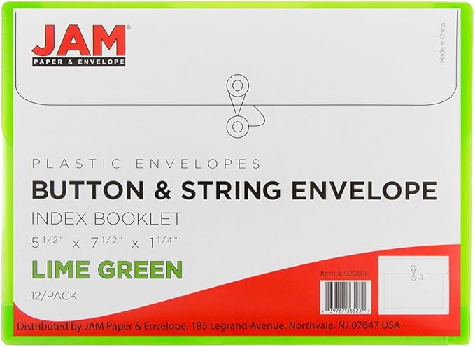 JAM PAPER Plastic Envelopes with Button & String Tie Closure - Index Size - 5 1/2 x 7 1/2 - Lime Green - 12/Pack