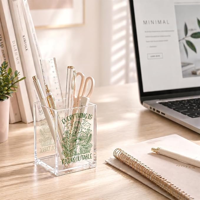 Everything Is Figureoutable Acrylic Pen Holder Cup Gifts For Women | Motivational Frog Gifts for Coworker Friend Frog Lover, Inspirational Home Office Desk Organizer for Boss Teacher Student