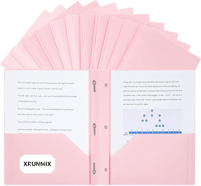 Two-Pocket-Folders with 3 Prongs, Letter Size Plastic Folders with Pockets and Prongs, Poly Plastic Folders for Office & School. 6 Pastel Colors (Pink - 12 Packs)