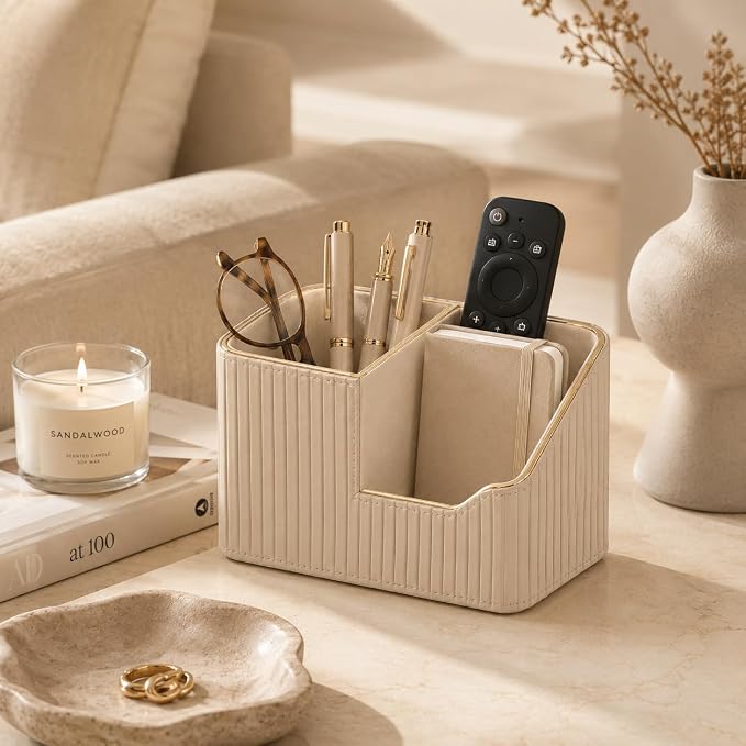 Luxury PU Leather Desk Organizer for Office Accessories, Aesthetic Pen Holder for Desk, Modern Desktop Storage Organizer for Women Home Office Supplies, Beige with Gold Trim