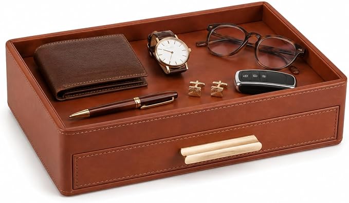 GORESE Leather Valet Tray with Drawer for Men, Nightstand Organizer, Brown | Vegan Leather, EDC Desk Organizer Tray for Jewelry Cologne Watch Wallet Key, Catchall Tray for Dresser Entryway Table Bedside