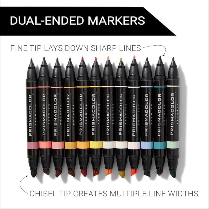 Prismacolor Premier Dual-Ended Art Markers, Chisel and Fine Tips, Mid-Tone Colors, 12 Count - Professional Quality for Artists, Adult Coloring, Drawing