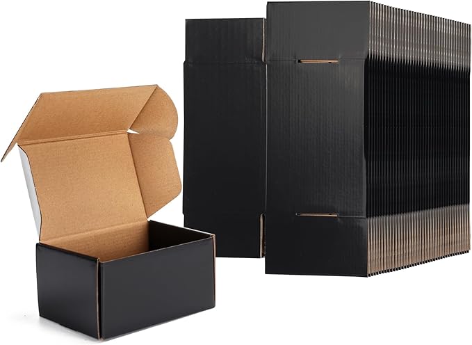 EXYGLO 40 Pack 6x4x3 Shipping Boxes, Black Corrugated Cardboard Boxes for Packaging Small Business, Moving, Shipping, Mailing, and Storing