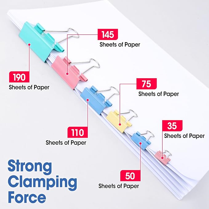 300 PCS Binder Clips Assorted Sizes, 6 Size Paper Clips Colored, Including Extra Large Medium Small Mini and Micro for Office School Family to Organize Documents