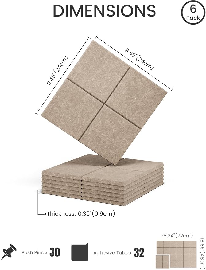 28" x 18" Felt Bulletin Board Tiles, 4-Compartment, Taupe | 6-Pack Cork Board Alternative, 30 Adhesive Tabs, Push Pin Board, Wall Decor, Office, Home, Classroom, Dorm
