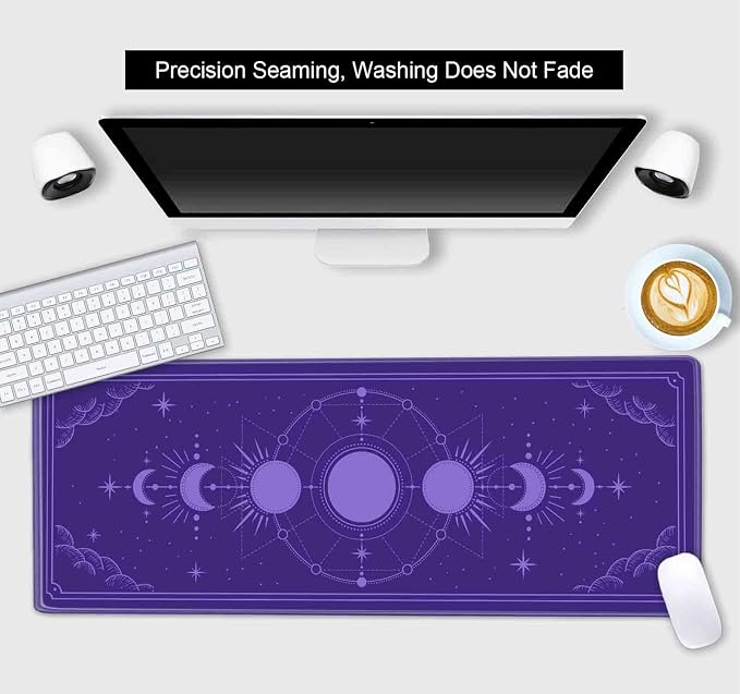 Kawaii Purple Large Gaming Mouse Pad, Moon Phase Magic Celestial Desk Mat Cute, Non-Slip Rubber Computer Mousepad, Laptop Desk Pad, 31.5x11.8 in