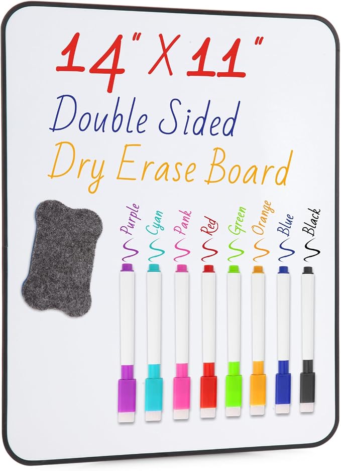 Small White Dry Erase Board Double Sided，Small Dry Erase Board 14x11 Inch,Mini White Board with 8 Markers for Students Office Kitchen