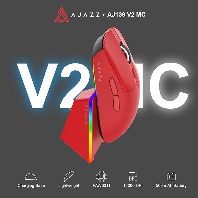 AJ139 V2 MC Wireless Gaming Mouse 2.4G Wired/Bluetooth | RGB Magnetic Charging Dock | Lightweight Design | 12K DPI | 500mAh Battery | PAW3311 Sensor | 5 Programmable Buttons, Compatible with PC/Mac