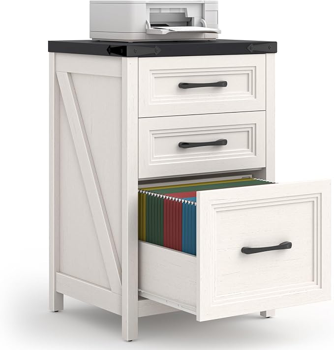 3 Drawer Vertical File Cabinet, Wood Farmhouse Cabinet, White and Black | Filing Cabinet Fits A4/Letter Size, Under Desk Small File Cabinets Printer Stand with Storage for Home Office