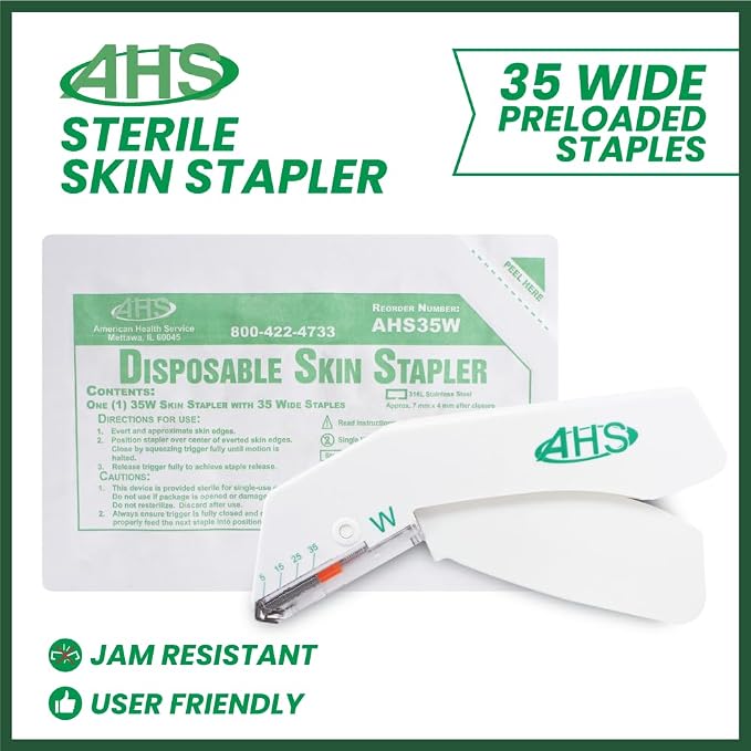AHS Sterile Skin Stapler, 35 Wide Preloaded Staples, Vet and Medical First Aid Use, for External Use