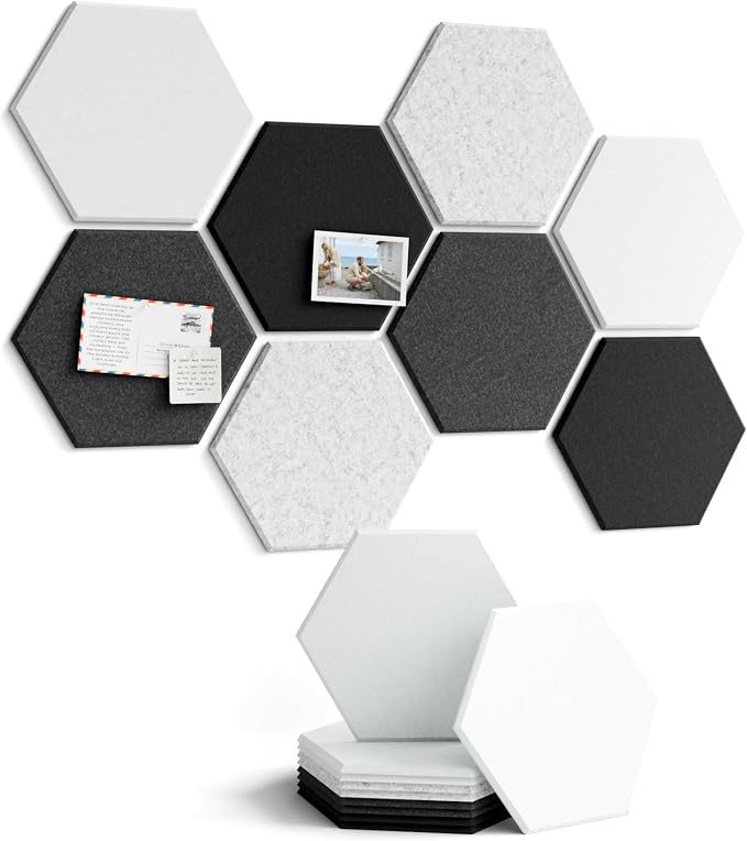 Fluxynara 8-Pack Hexagon Felt Bulletin Board Tiles, Concrete Echo | Cork Board Alternative with 50 Adhesive Tabs for Notes, Photos and Reminders in Home Offices, Dorm and Classrooms