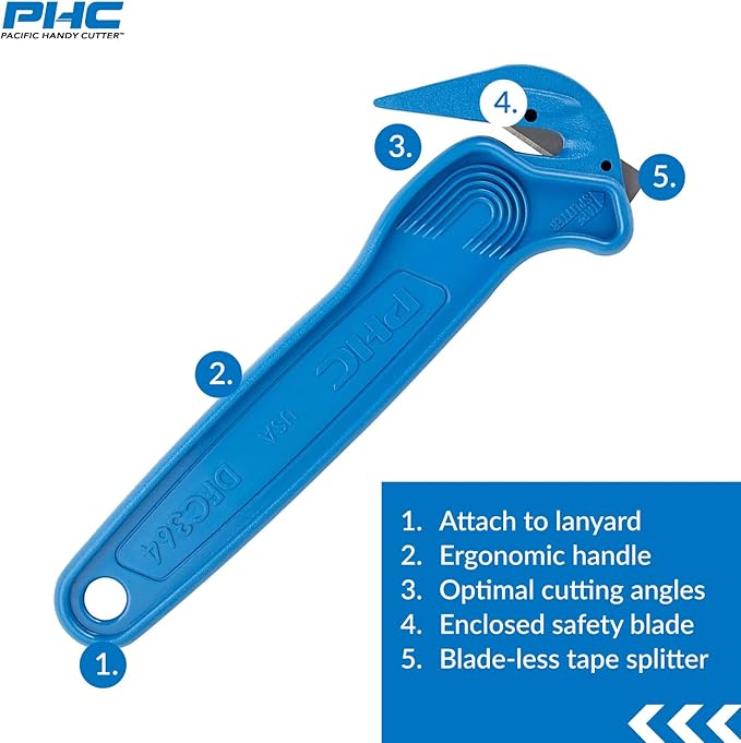 Pacific Handy Cutter Metal Detectable Disposable Film Cutter | Safety Box Cutter & Tape Splitter | Sharp & Durable Steel Blade | Perfect for Cryovac, Plastic Bags, & Shrink Wrap | Blue