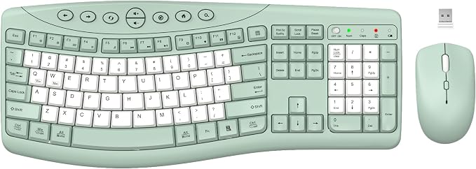 Wireless Keyboard and Mouse Combo, 2.4G Quiet Ergonomic Curved Keys (Green-B)